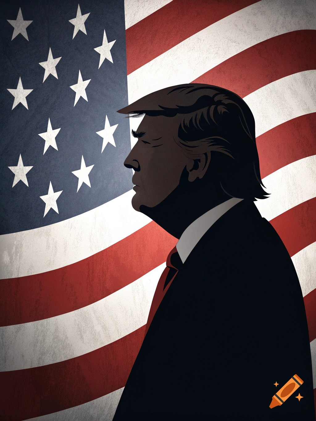 Silhouette of Donald Trump against an American flag.