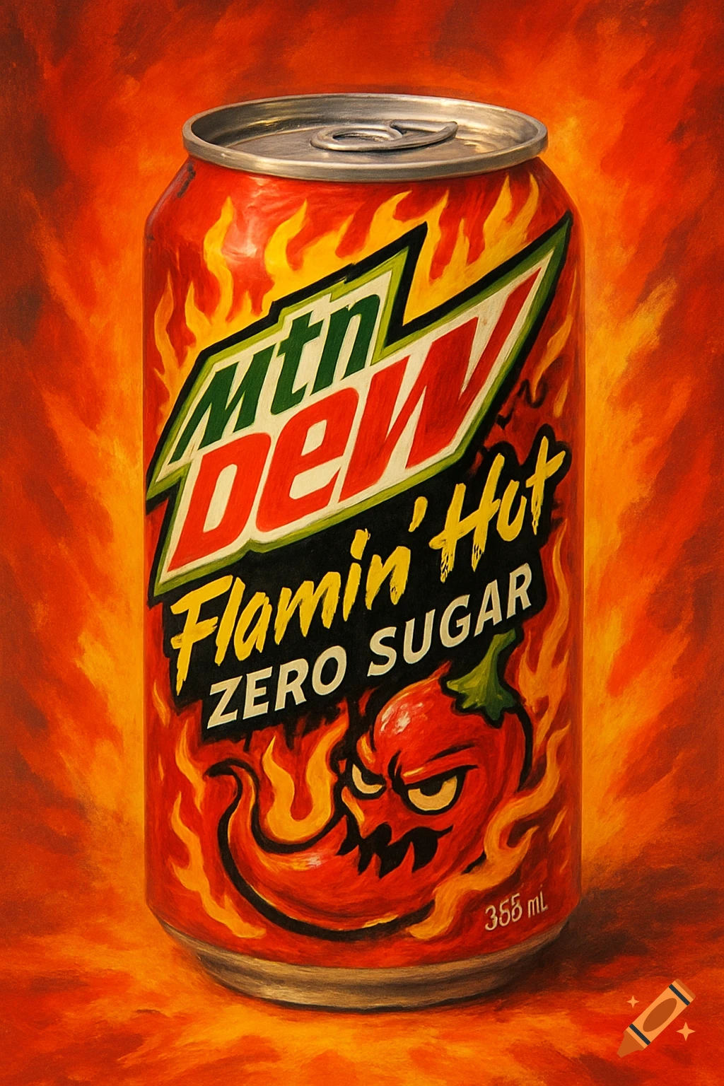 Painting of a Mountain Dew Flamin' Hot Zero Sugar can engulfed in flames, with a spicy pepper character on the label.