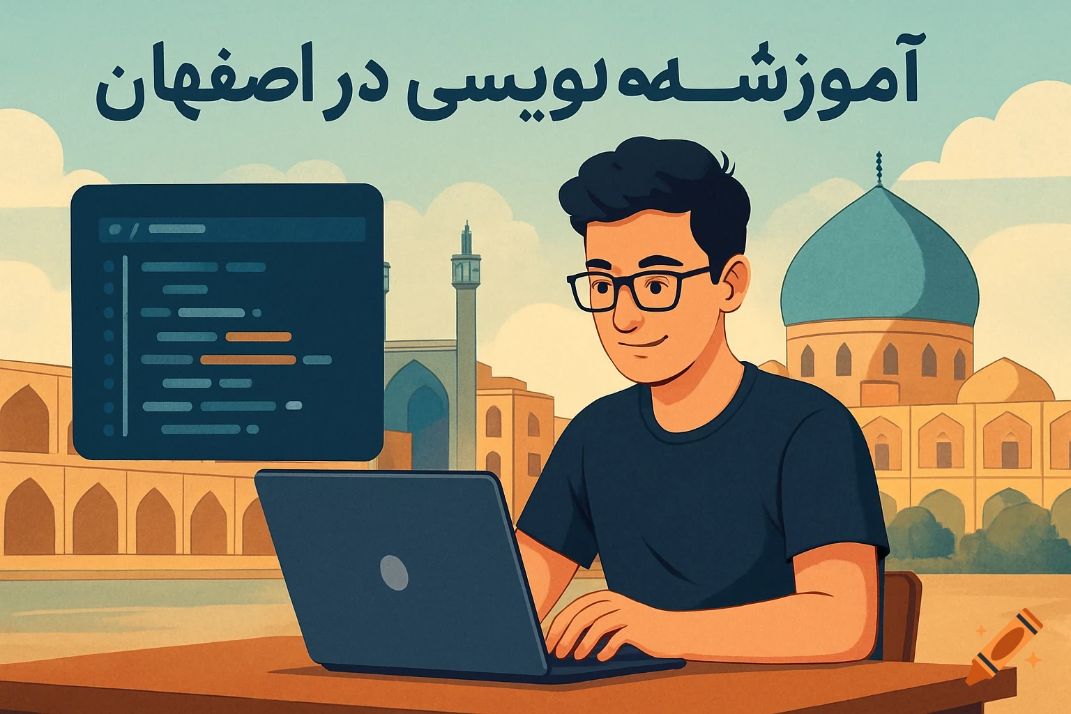 Illustration of a person coding on a laptop with Persian architecture in the background and Persian text.