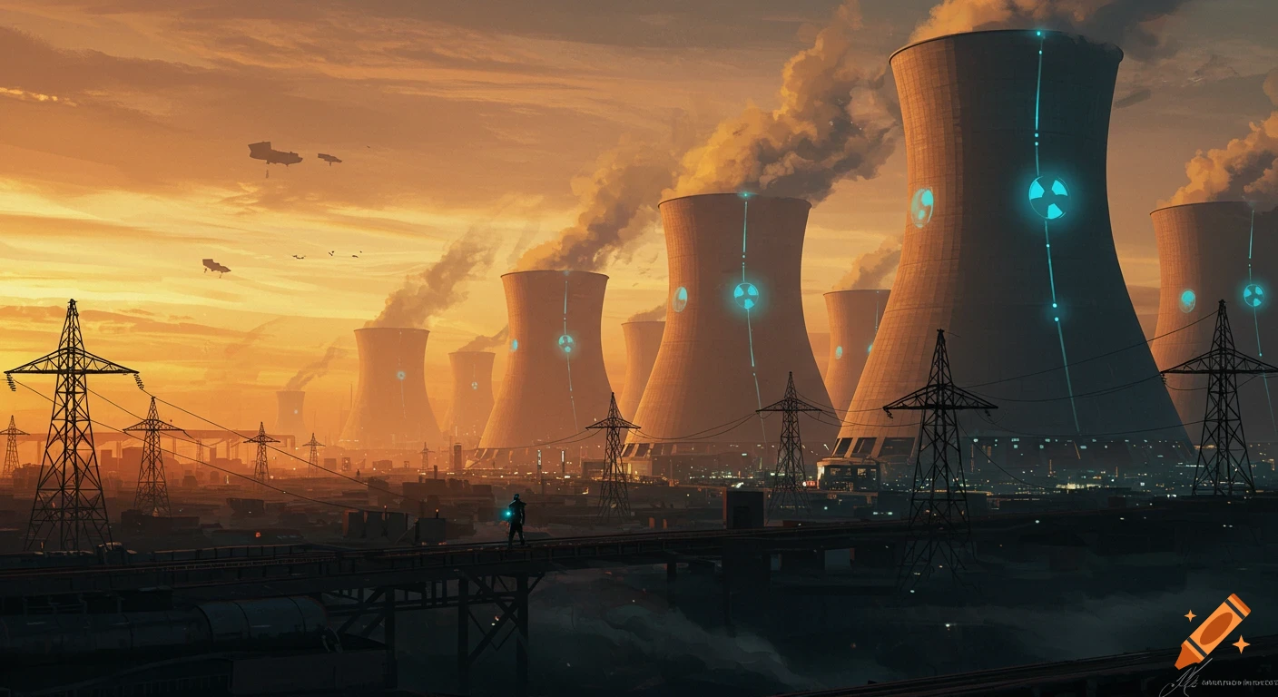 Futuristic city skyline dominated by large cooling towers and power lines under an orange sky.