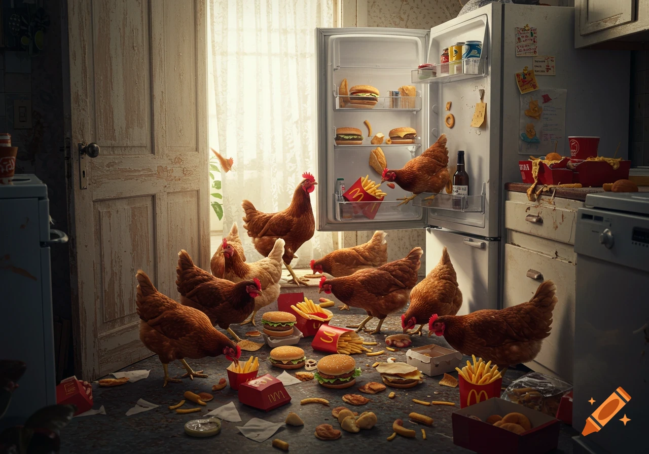 Brown chickens swarm a kitchen floor covered in fast food, with an open fridge in the background.