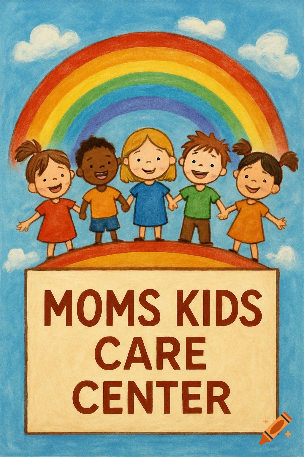 A drawing of five diverse children standing under a rainbow on a sign that reads 'MOMS KIDS CARE CENTER'.
