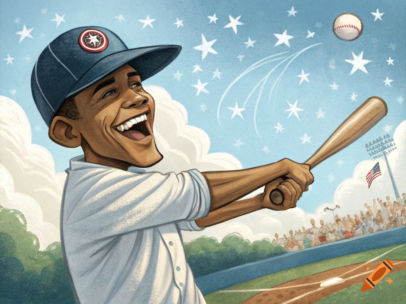 Caricature of Barack Obama in a baseball cap hitting a baseball with stars in the sky.