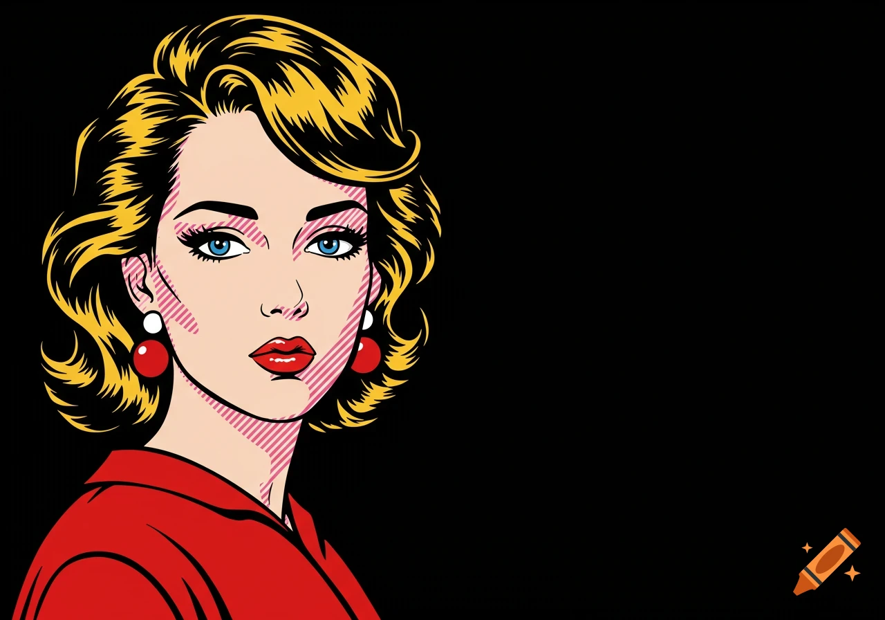 Close-up pop art portrait of a woman with blonde hair, blue eyes, red lips, and red earrings, against a black background.