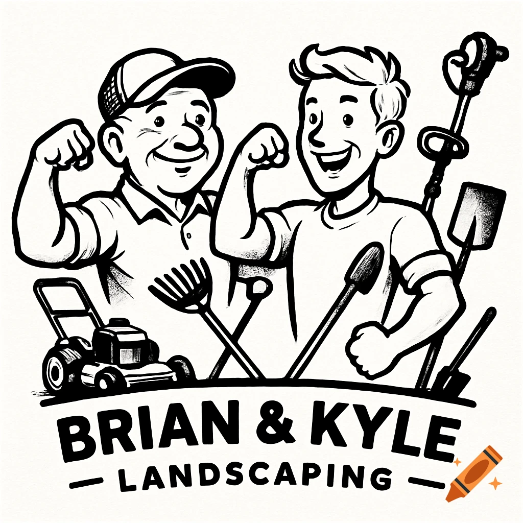 Black and white cartoon logo for Brian & Kyle Landscaping, showing two men flexing with landscaping tools.