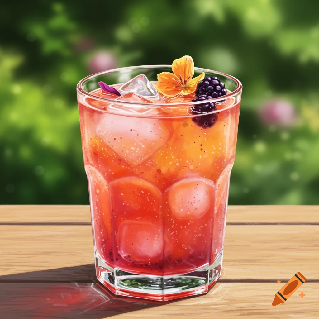 Illustrative close-up of a reddish cocktail with ice, blackberries, and a flower garnish on a wooden table outdoors.
