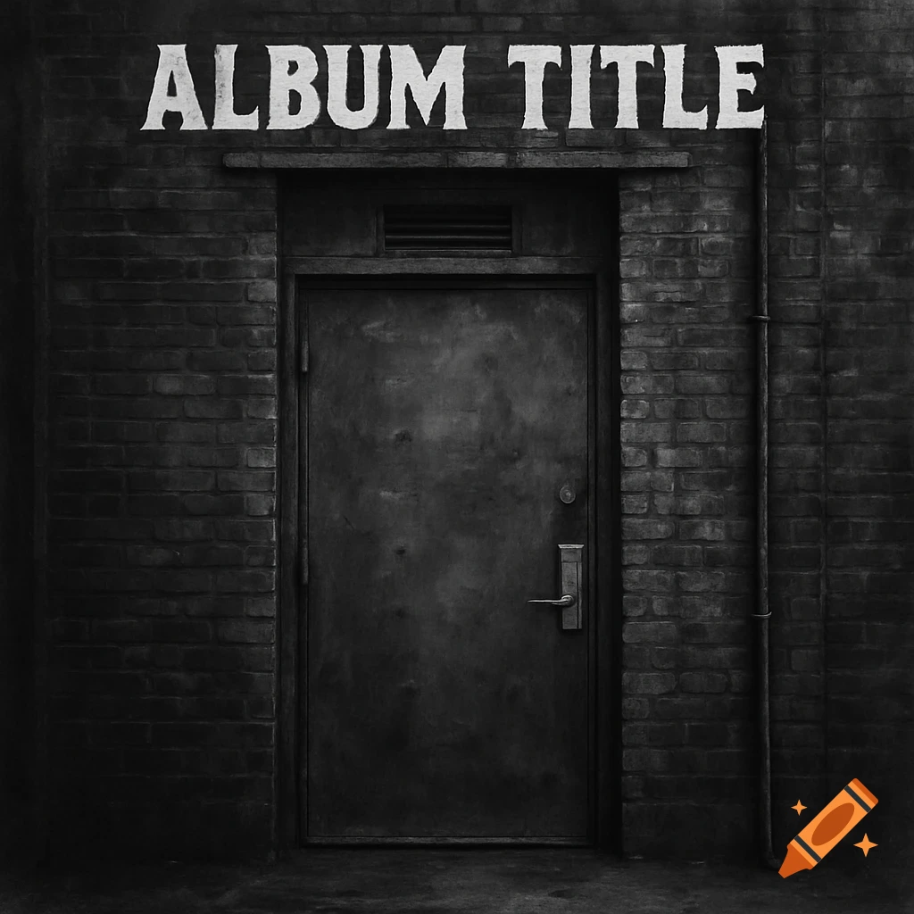 Black and white image of a dark metal door on a brick wall with the text 'ALBUM TITLE' above it.
