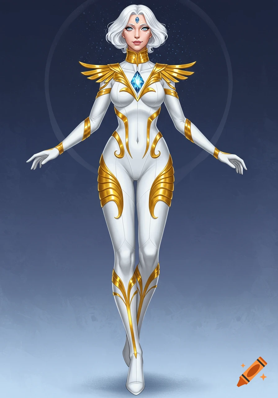 A beautiful woman with white hair and blue eyes in a white and gold superhero costume.