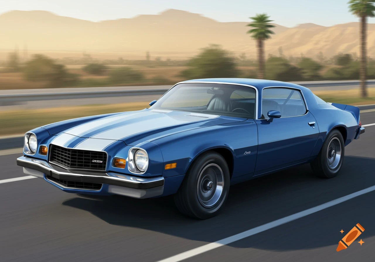 A blue 1977 Camaro driving on a highway.