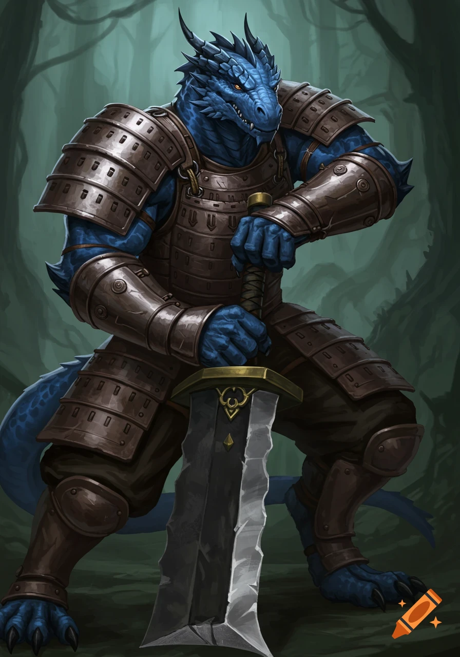 Blue dragonborn in samurai armor holds a large sword in a forest