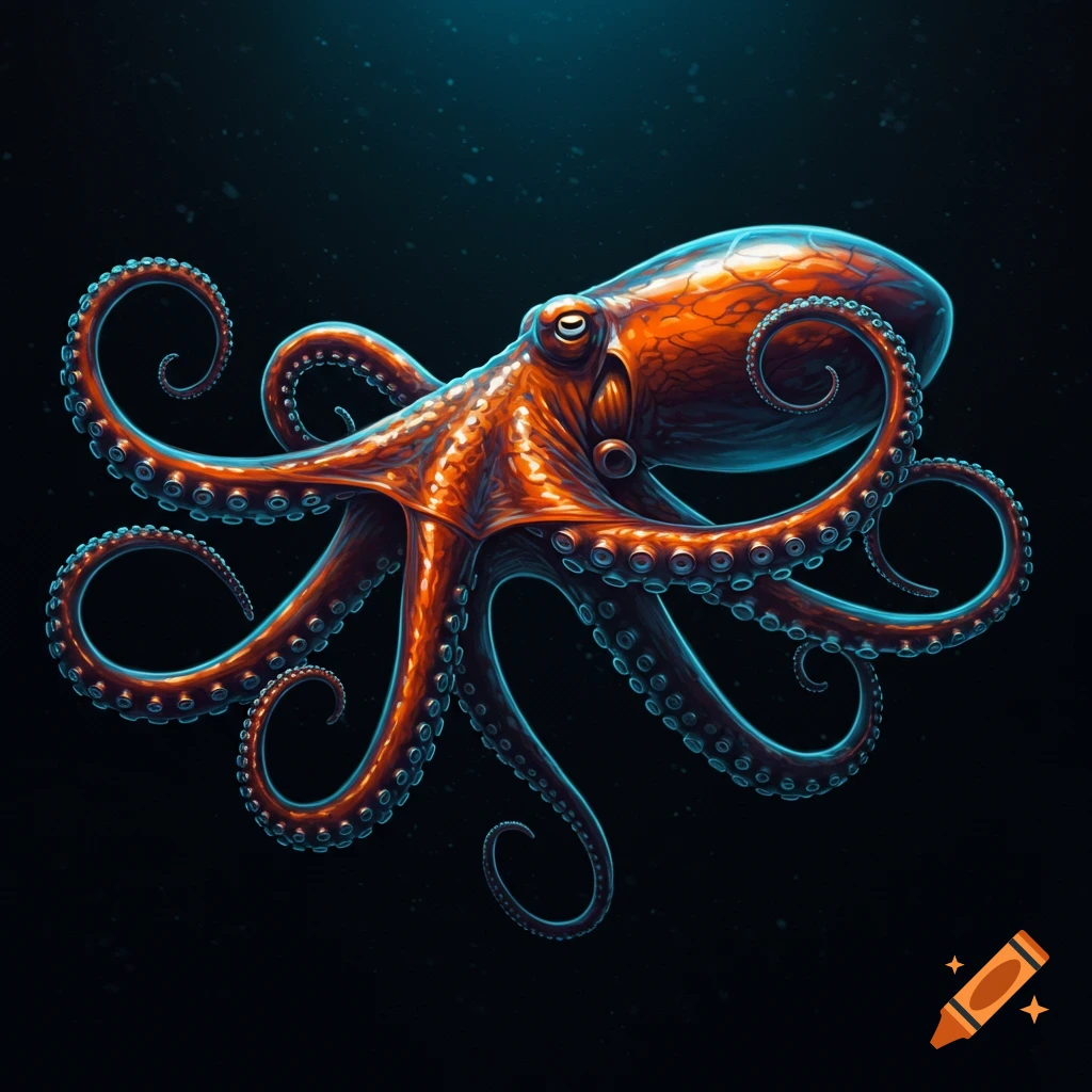 Shiny metal octopus reflecting orange and blue light on a dark background.