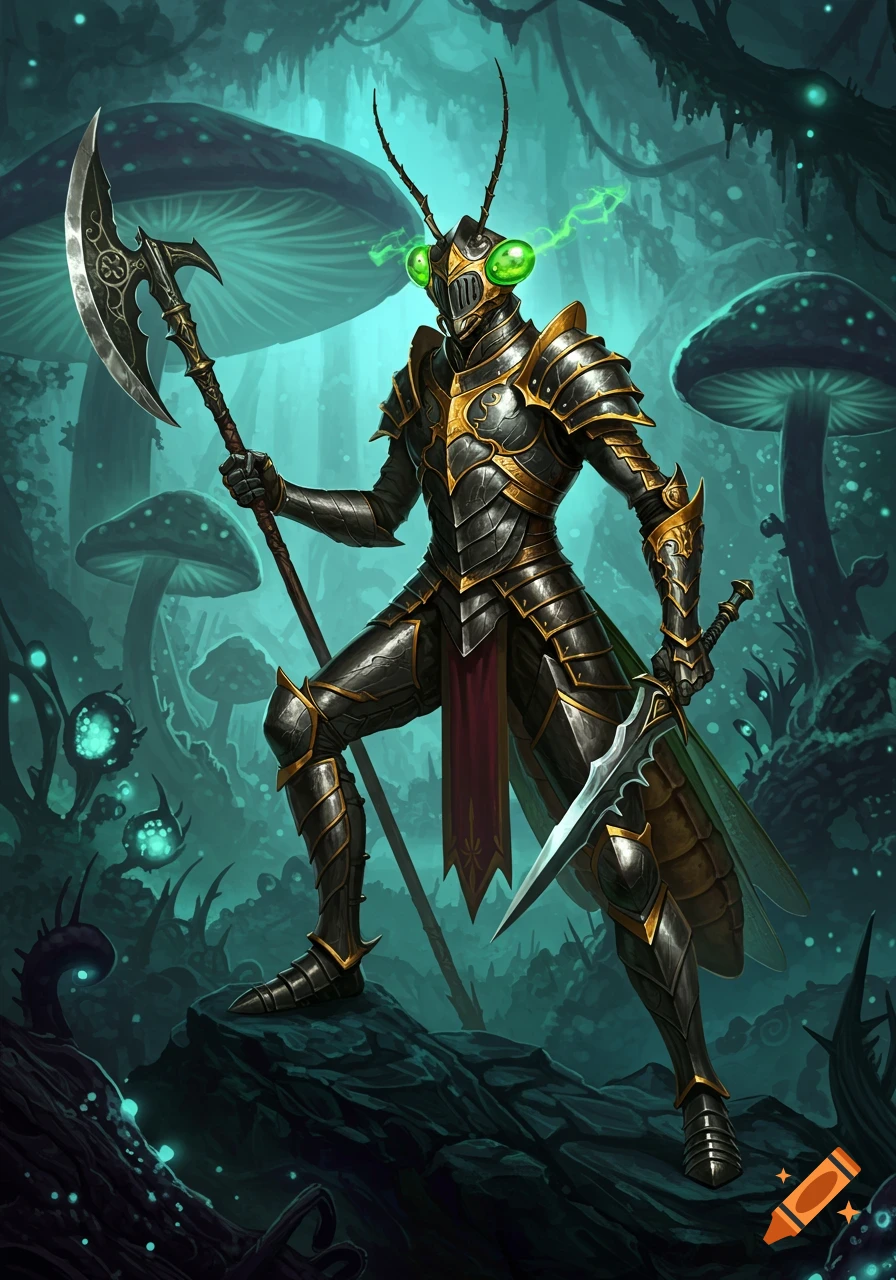 A heavily armored mantis-like knight stands in a glowing fantasy forest, holding a battle axe and sword.