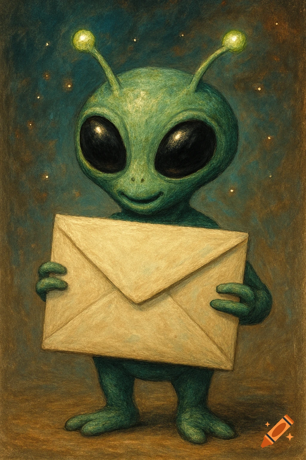 A cute green alien stands holding a large yellow envelope, with stars in the dark background. Painted style.