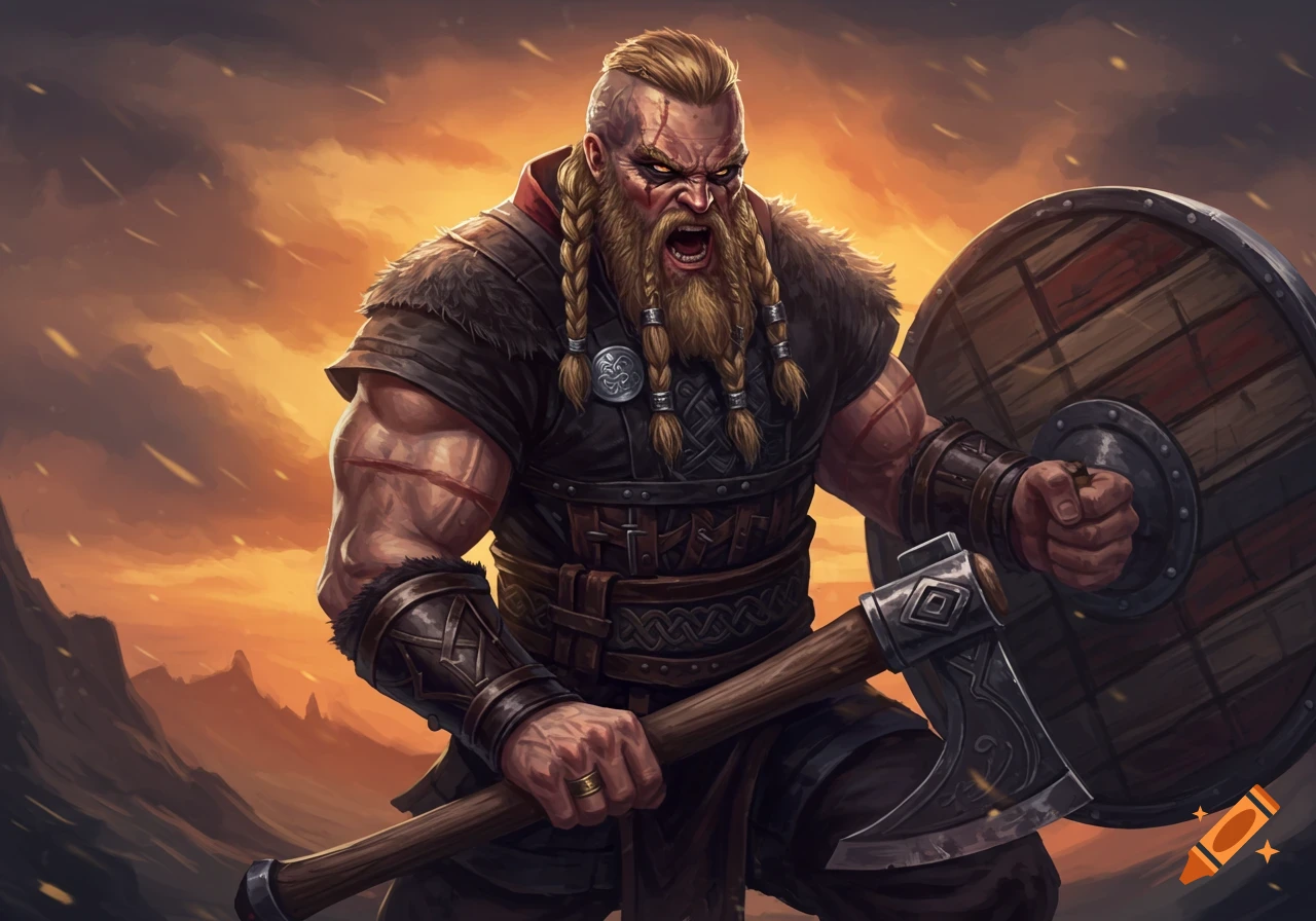Illustration of a roaring viking warrior with braided beard, holding an axe and shield against an orange sky.