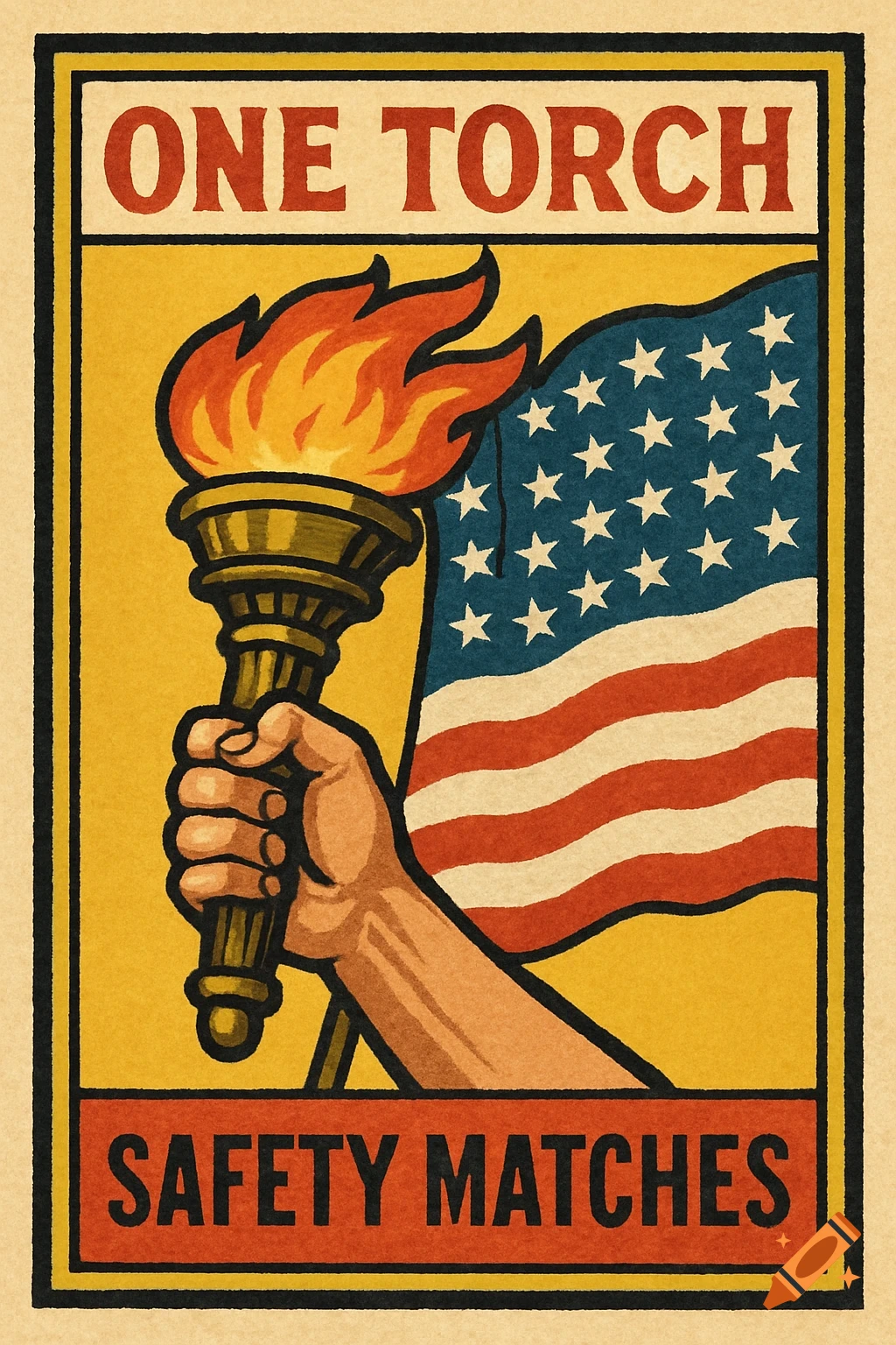 Vintage matchbox label design with hand holding a torch and an American flag, text reads ONE TORCH SAFETY MATCHES.