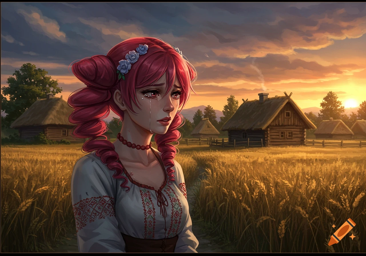 Anime girl with pink hair crying in a wheat field at sunset near village houses.