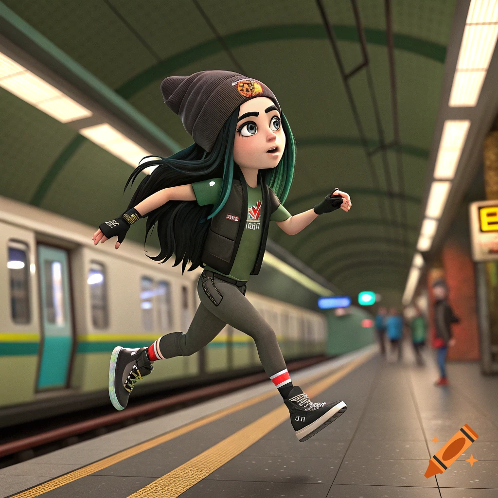 A 3D stylized character is running through a subway station.