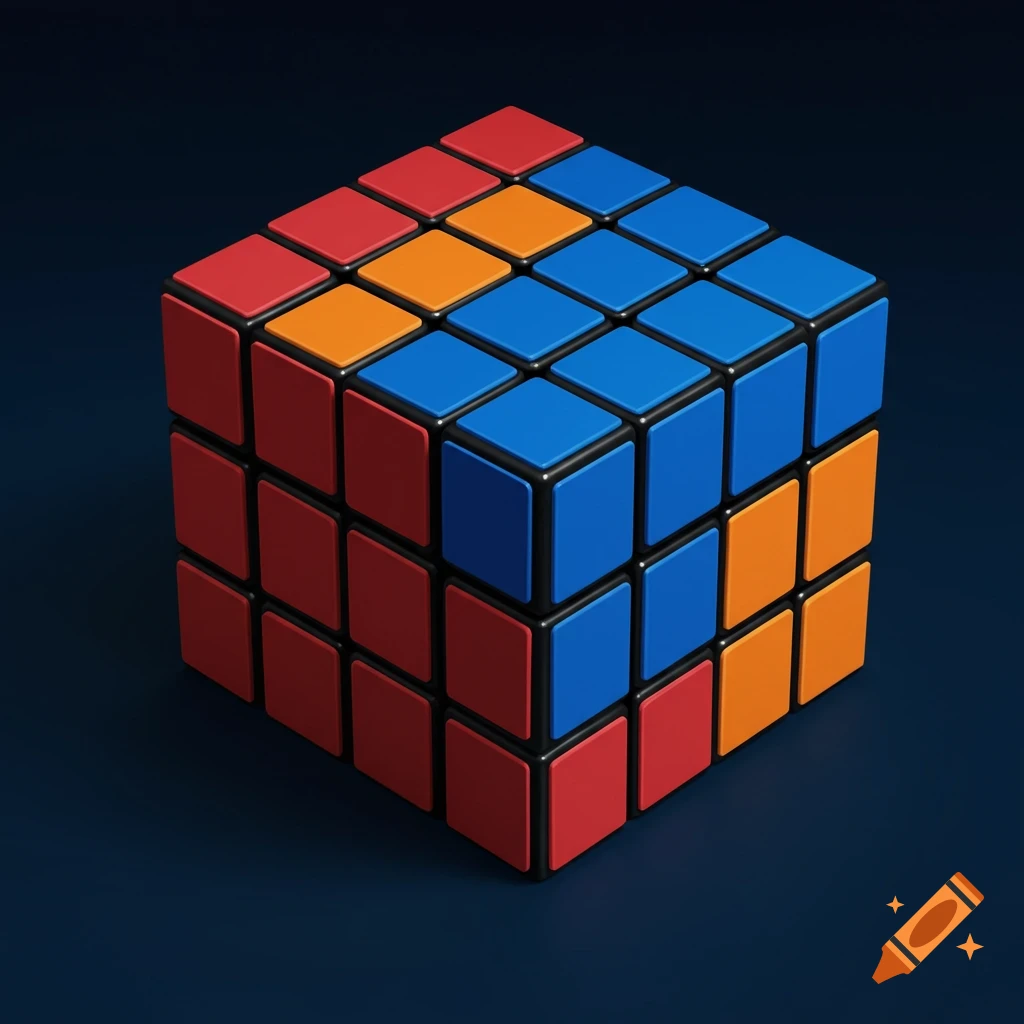 A close-up of a partially solved Rubik's cube showing red, blue, and orange sides.