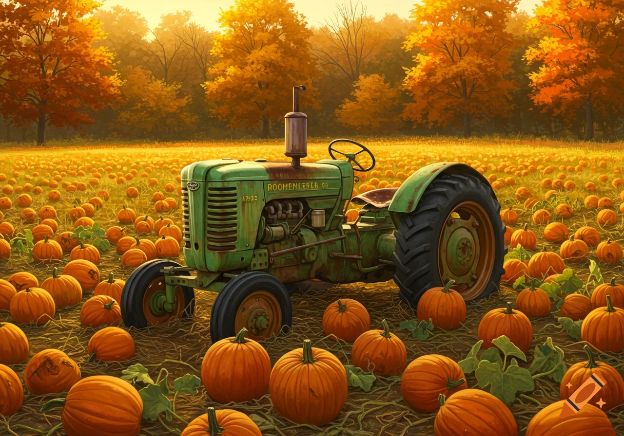 An old green tractor sits in a field full of orange pumpkins under autumn trees.