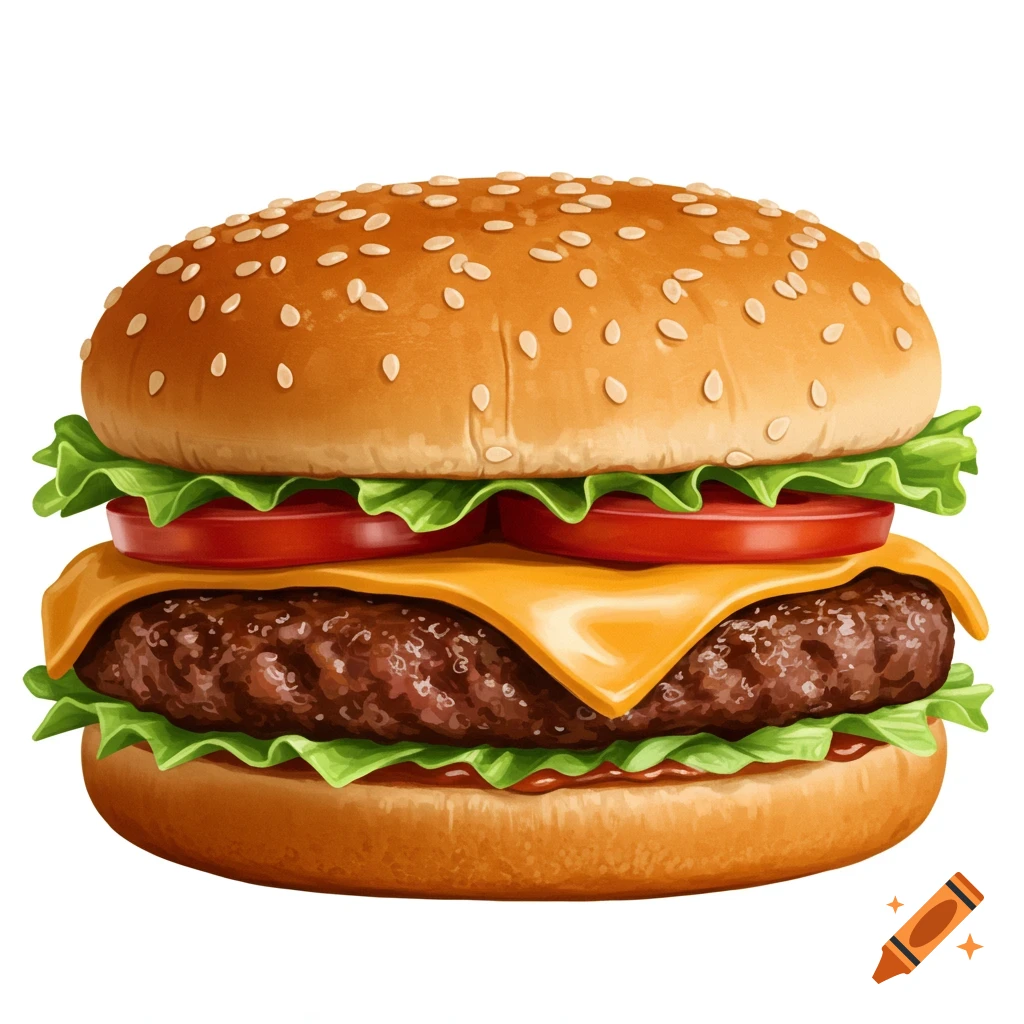 An illustration of a hamburger with sesame seeds, lettuce, tomato, cheese, and a patty on a white background.