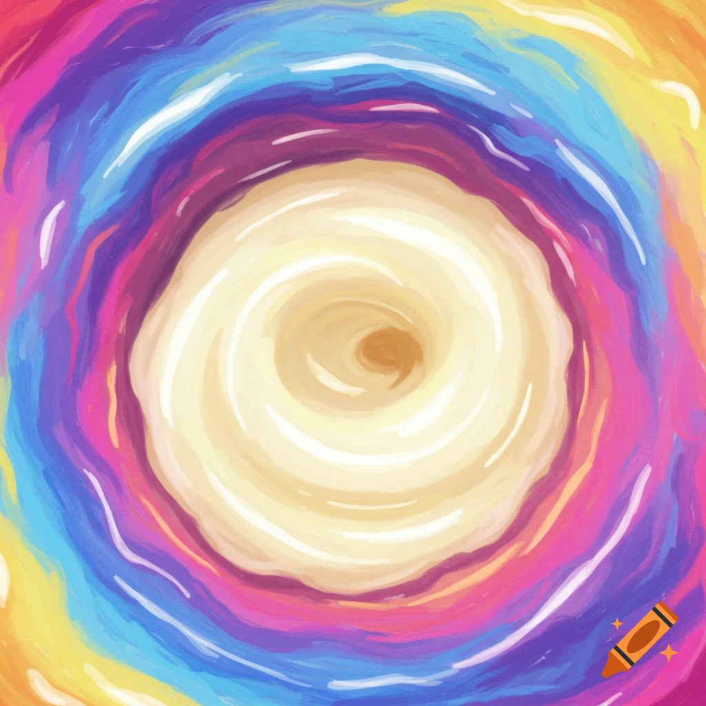 An abstract painting of a colorful swirl or vortex with yellow and white in the center surrounded by layers of purple, pink, blue, yellow, and orange.