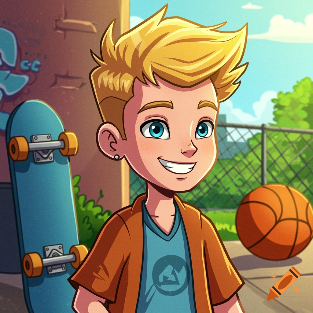 Cartoon of a blond boy with blue eyes smiling next to a skateboard with a basketball