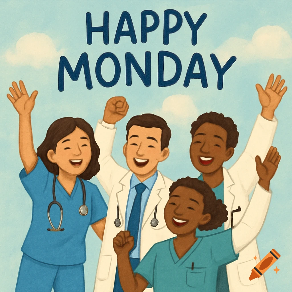 A cheerful illustration of four healthcare workers cheering under the words "HAPPY MONDAY".