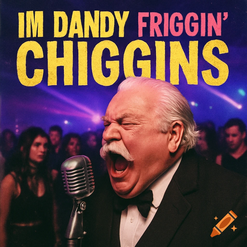 Portrait of a man singing into a microphone at a party, with 'IM DANDY FRIGGIN' CHIGGINS' text above.