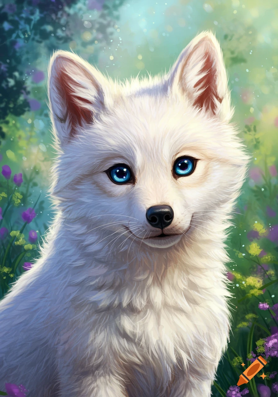An anime style illustration of a white baby wolf with blue eyes in a meadow.