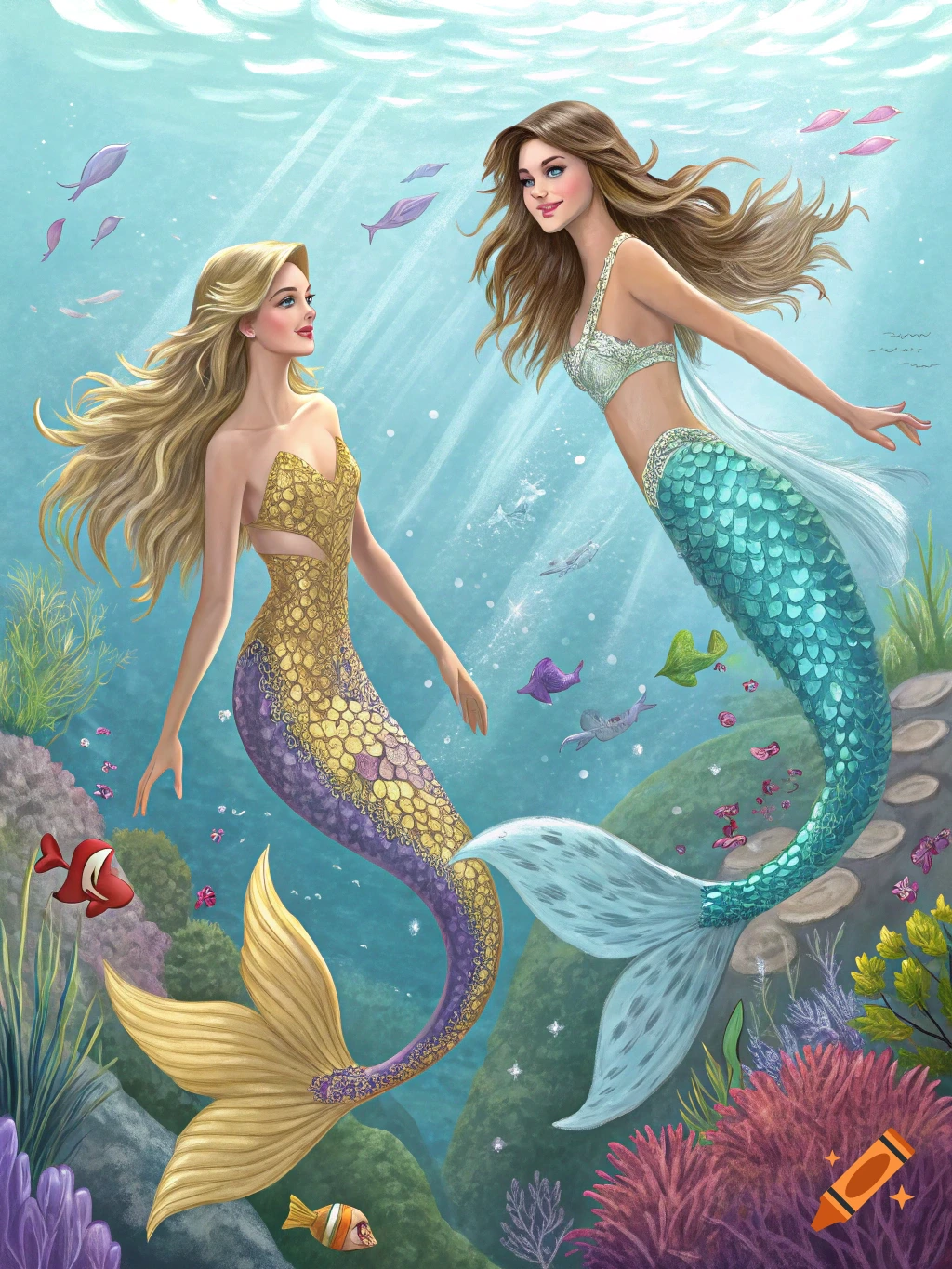 Detailed illustration of two mermaids swimming together in a vibrant underwater scene with fish and coral.