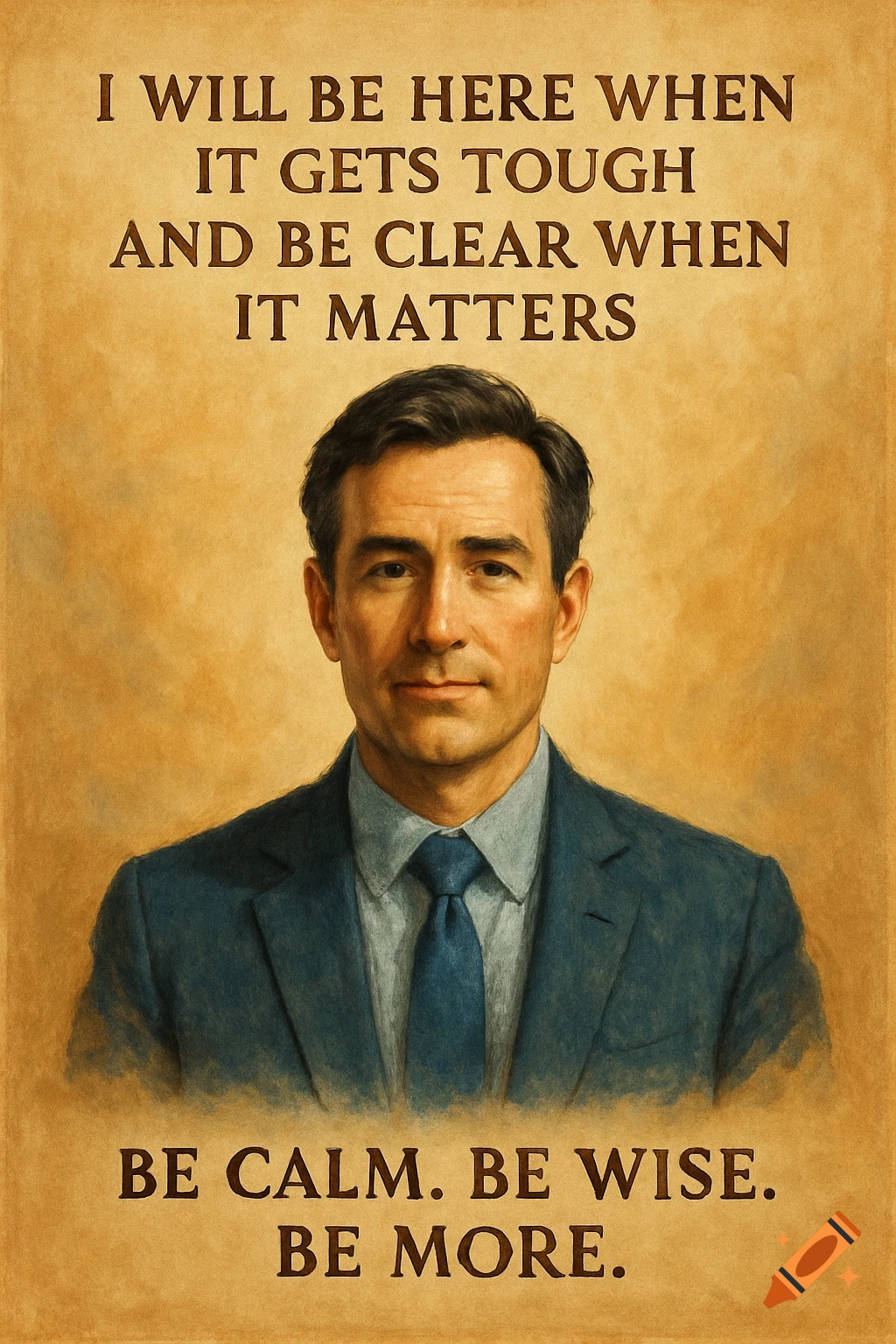 Painterly portrait of a man in a suit with motivational text.