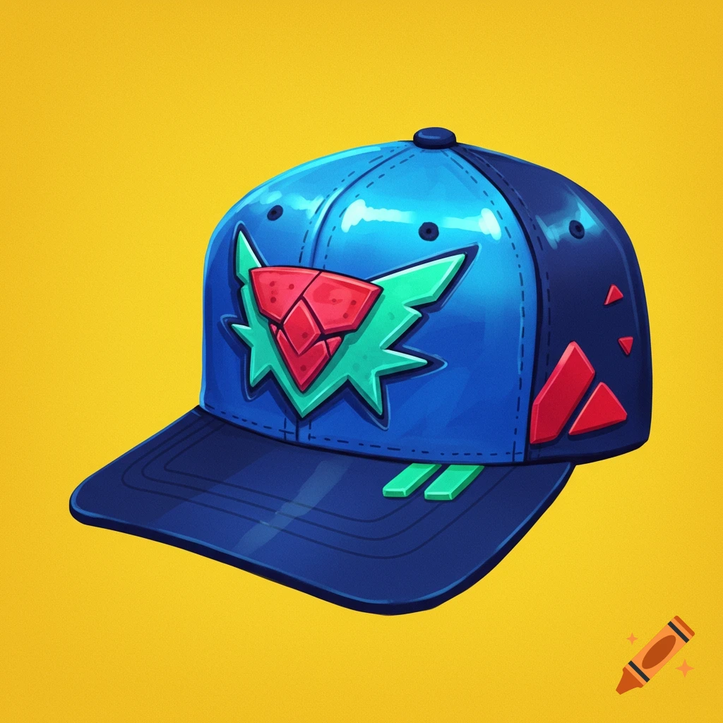 Stylized blue baseball cap with red and green geometric logo and accents on a yellow background.