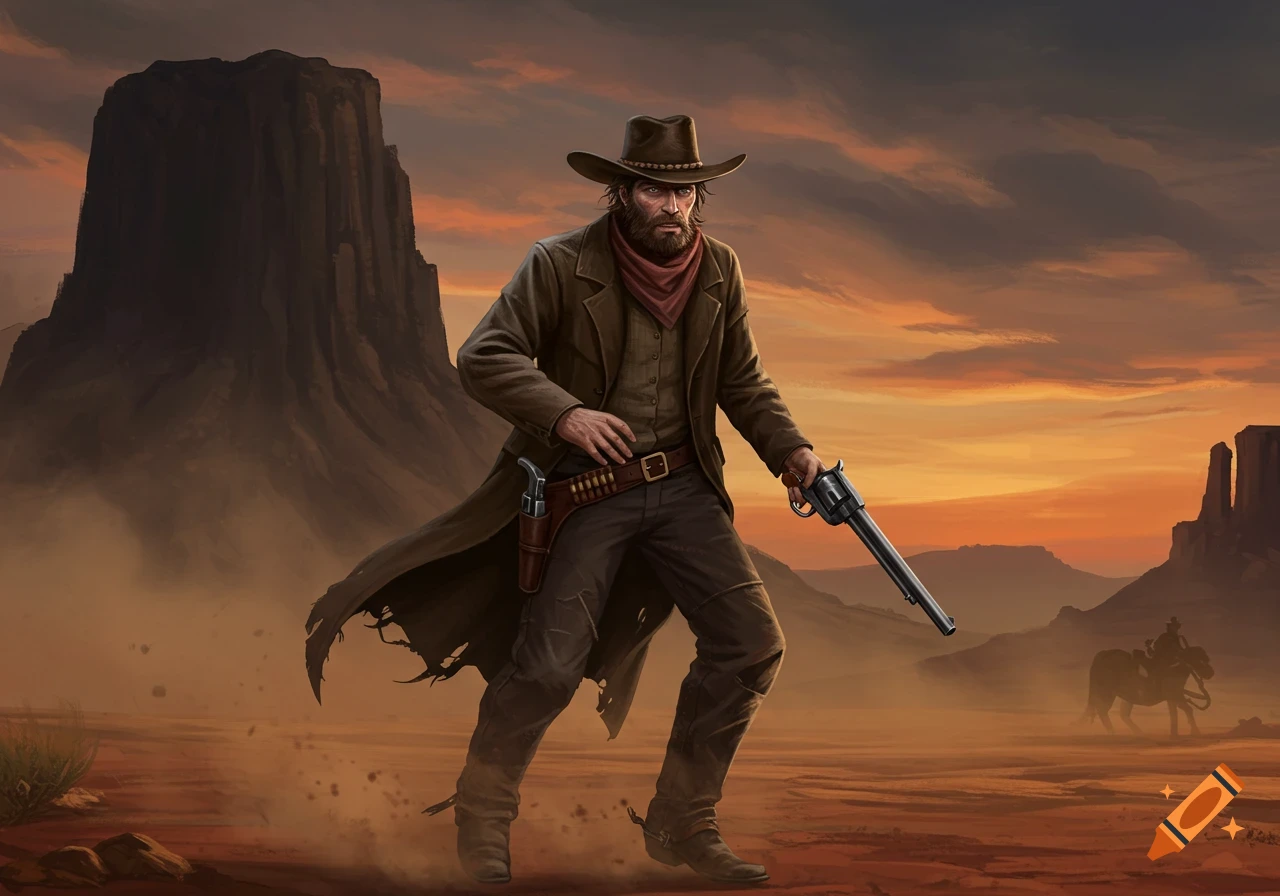 A cowboy walks through a desert landscape at sunset, holding a pistol ...