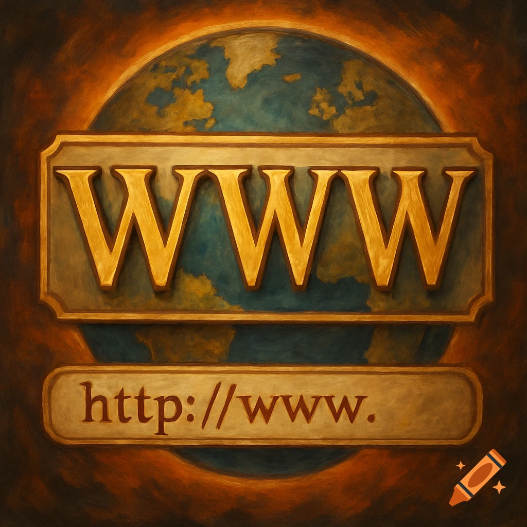 An illustration of a globe behind large golden "WWW" letters, with a smaller "http://www." below, in a textured, classical style.