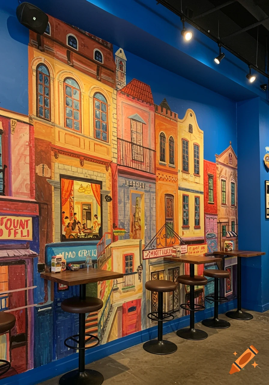 A colorful mural on a blue wall depicts a street scene with buildings, windows, balconies, and people visible inside one building.