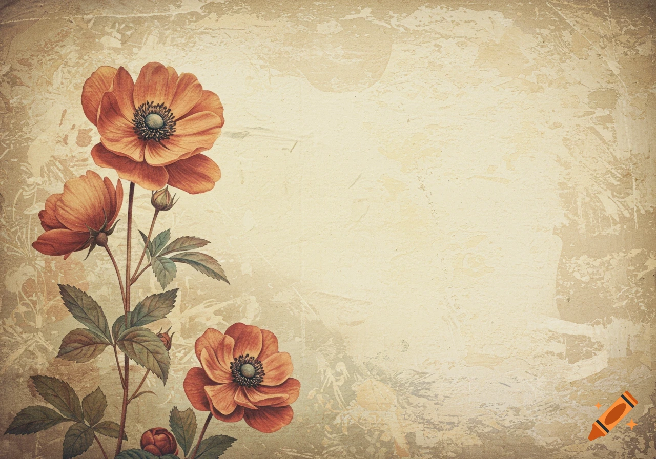 Vintage painted orange flowers on a distressed textured background.