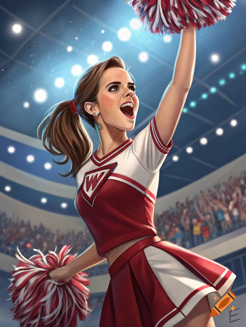 A stylized illustration of a cheerleader cheering with pom-poms in a stadium.
