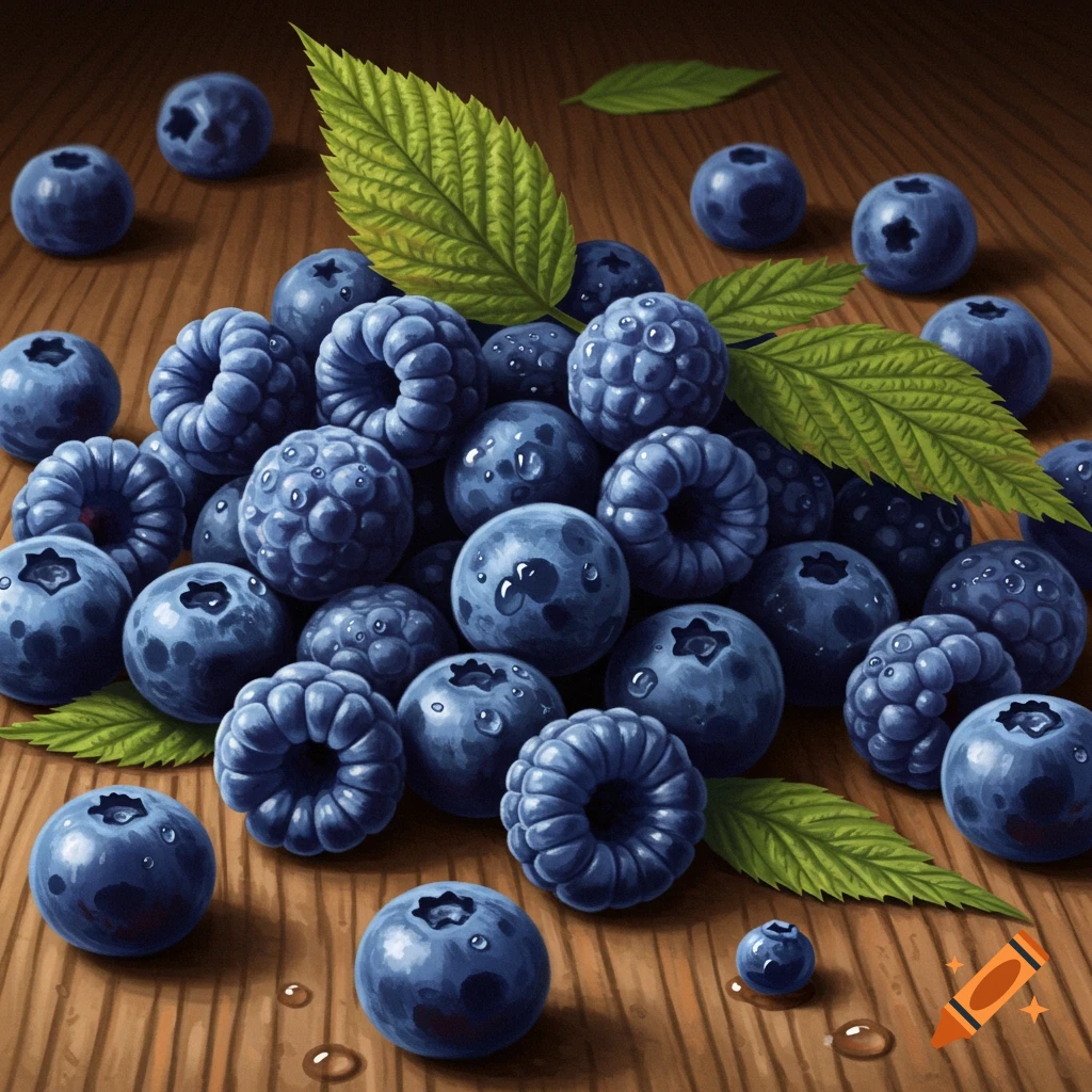 Pile of blue raspberries and blueberries with water droplets on a wooden table.