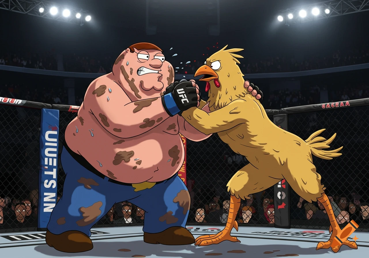 Peter Griffin fights a large chicken in a UFC octagon, cartoon style.