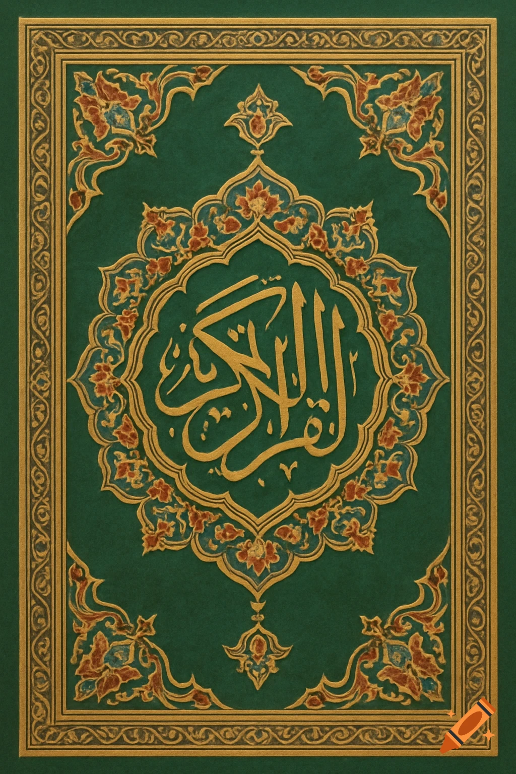 Green cover with gold Arabic calligraphy and ornate patterns