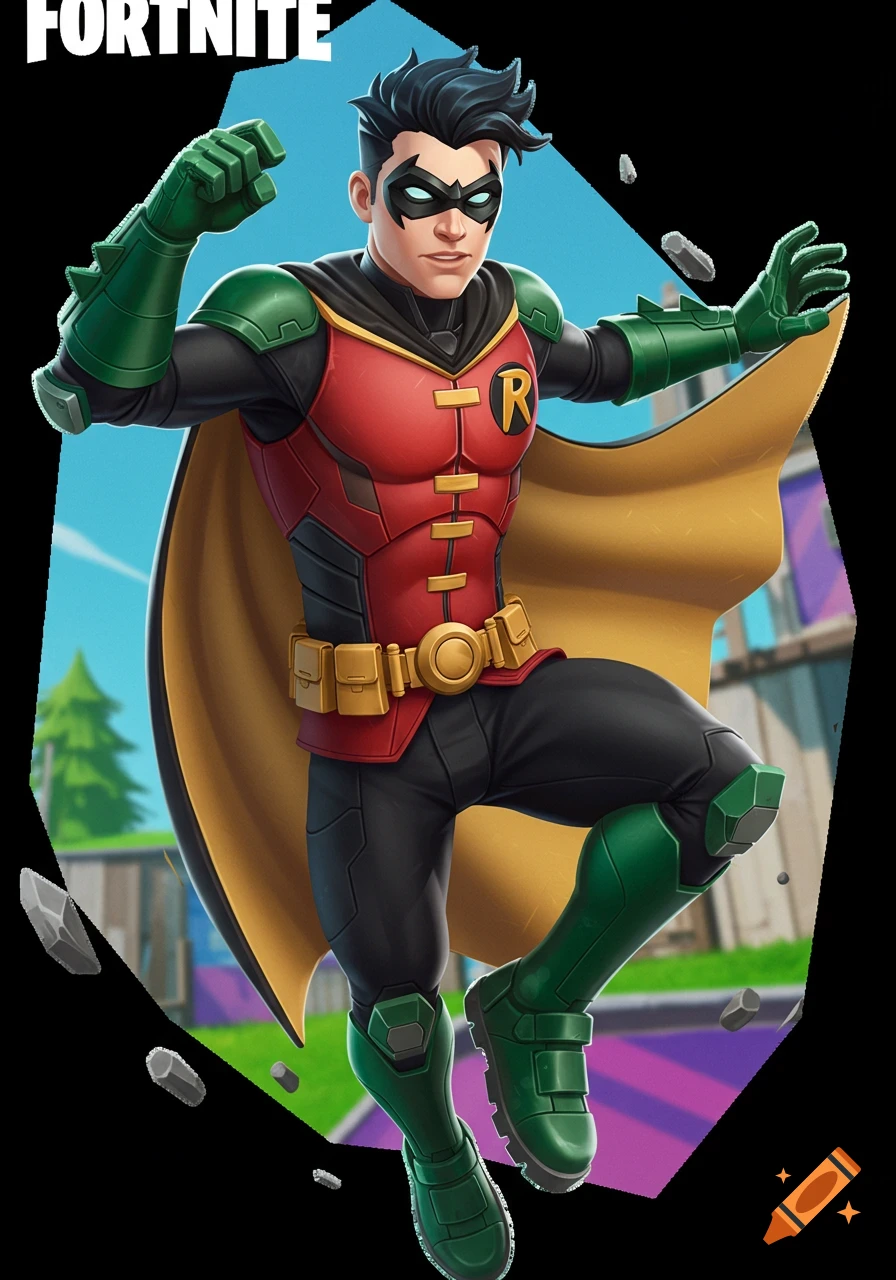 A stylized image of Robin, the superhero, in a Fortnite character pose.