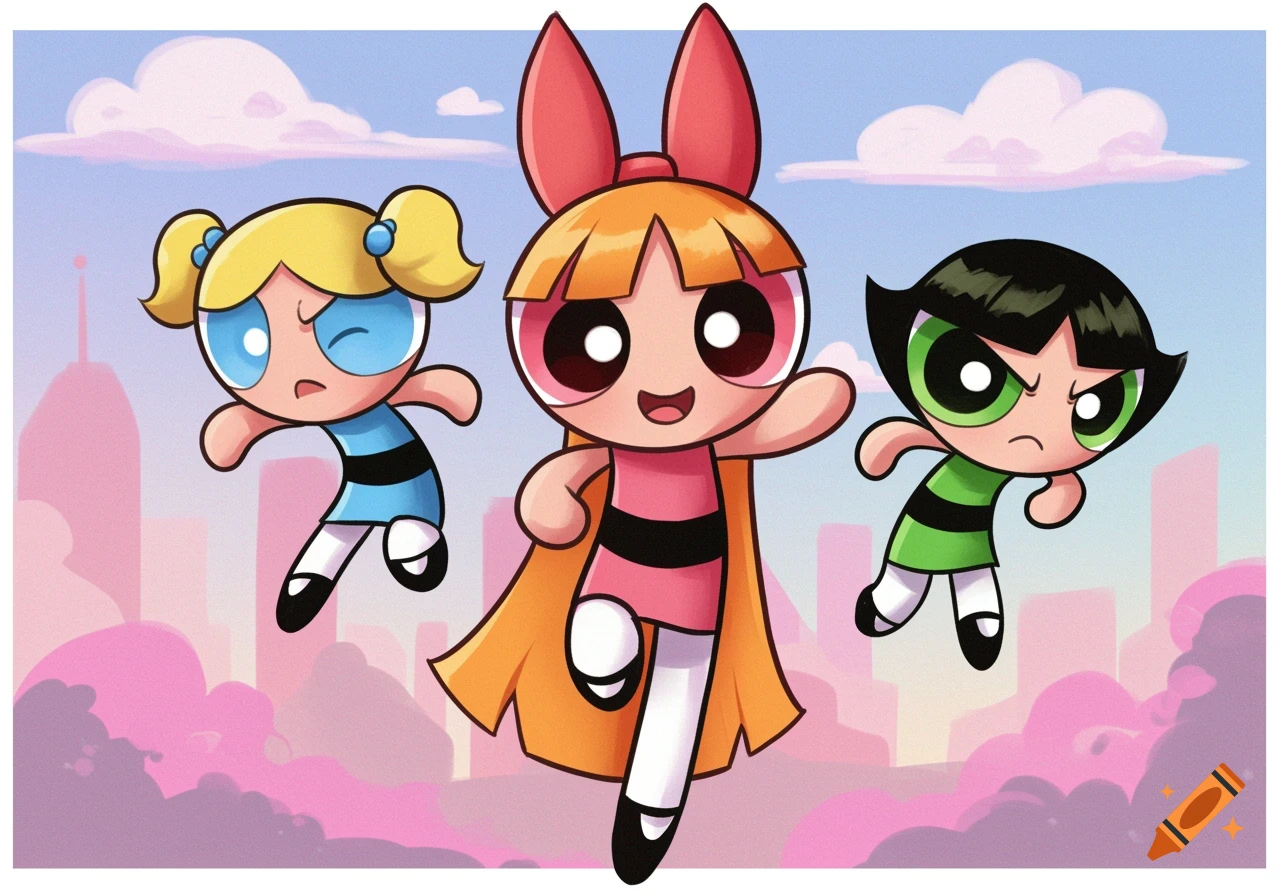 The Powerpuff Girls flying over a city in a cartoon style