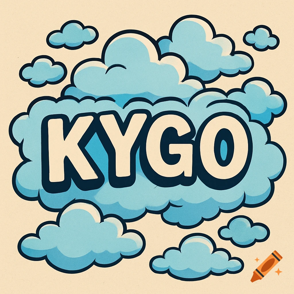 Cartoon drawing of the word KYGO surrounded by blue and white clouds.