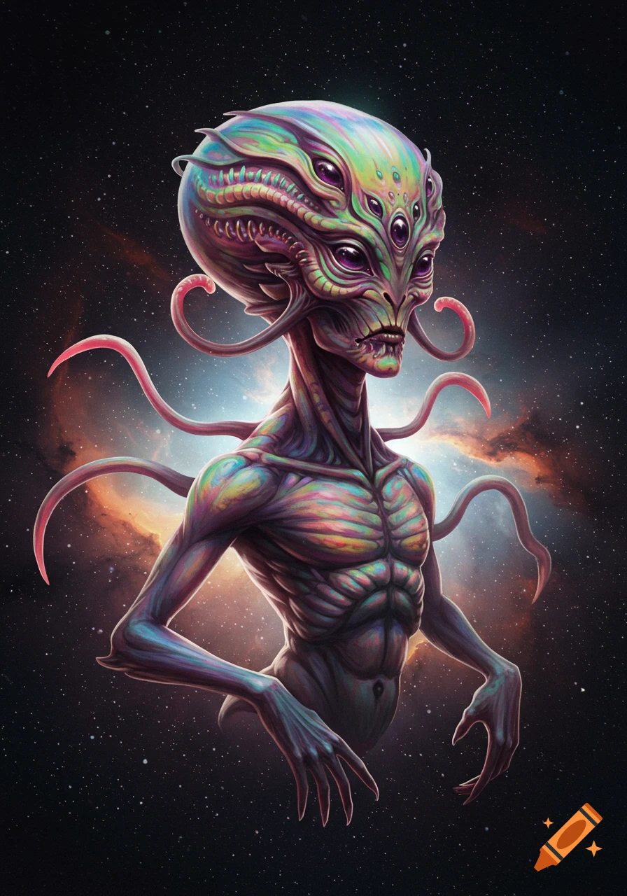 A vibrant, strange alien with multiple eyes and tentacles stands in space against a nebulous background.
