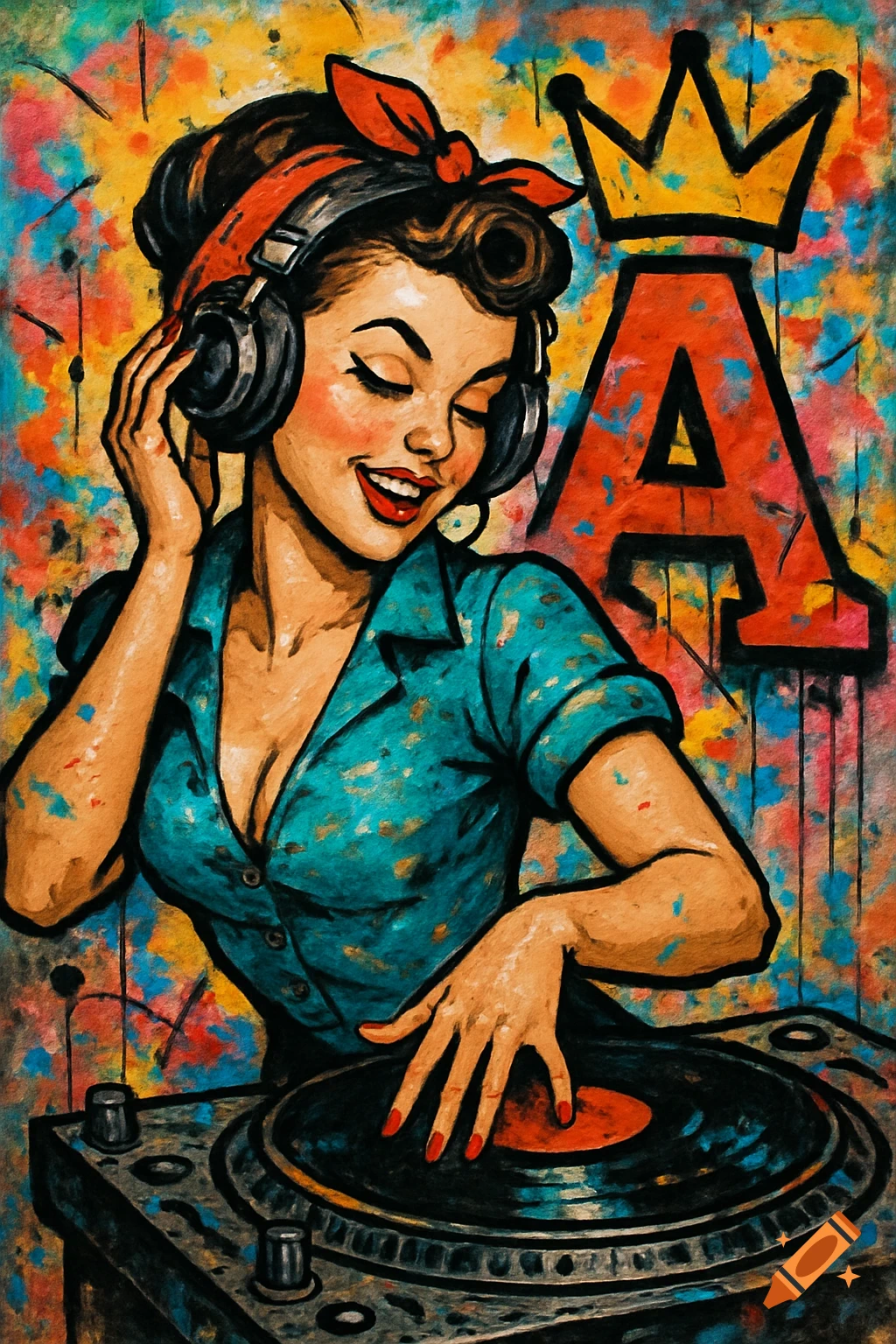 Pin-up style woman DJing with headphones against a graffiti background with a crowned letter A.
