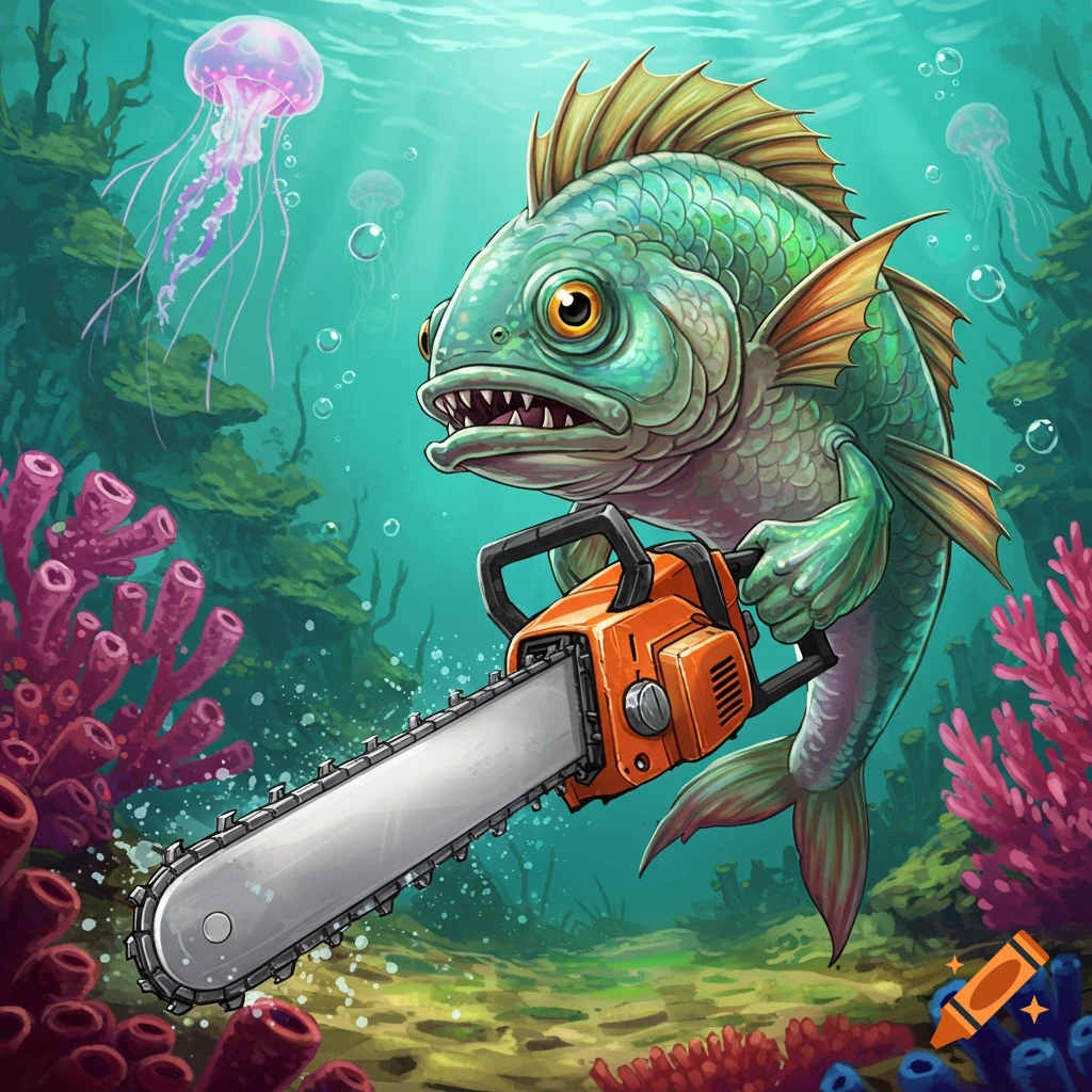 Cartoon illustration of a fish holding a chainsaw underwater with jellyfish and coral