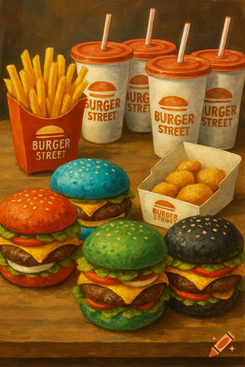 Still life painting of burgers with colorful buns, fries, nuggets, and drinks.