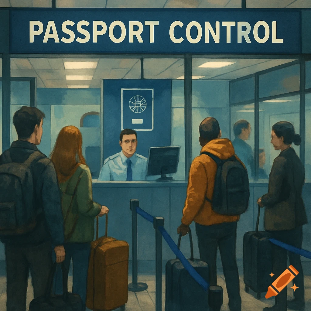 People waiting at a passport control desk, painted style