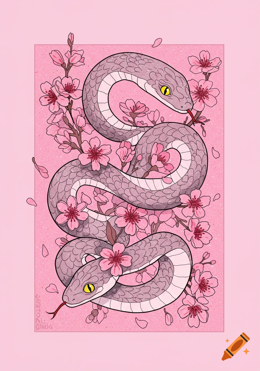 Illustration of a gray snake wrapped around pink cherry blossoms on a pink background.