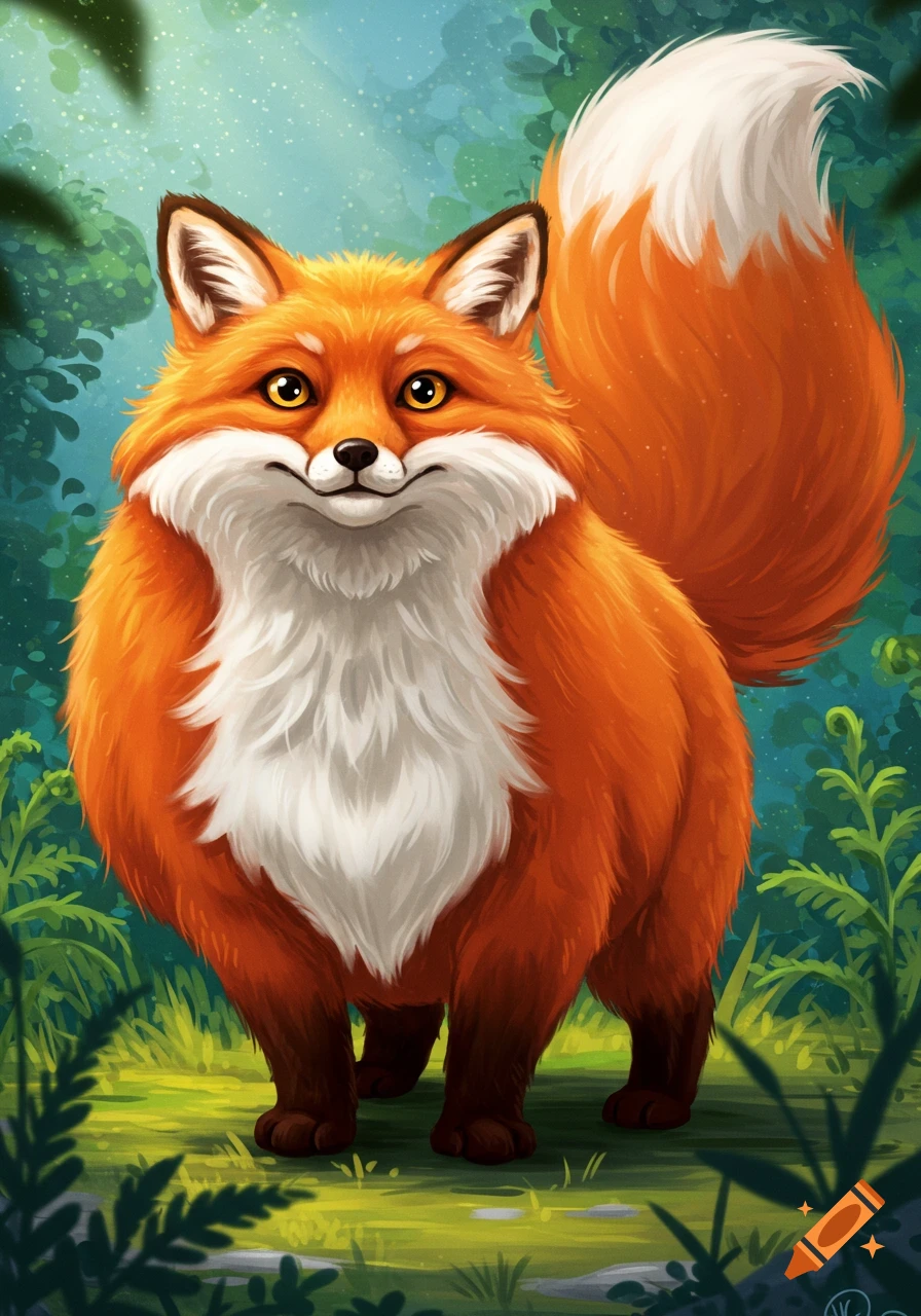A fluffy cartoon-style orange fox stands in a green forest.